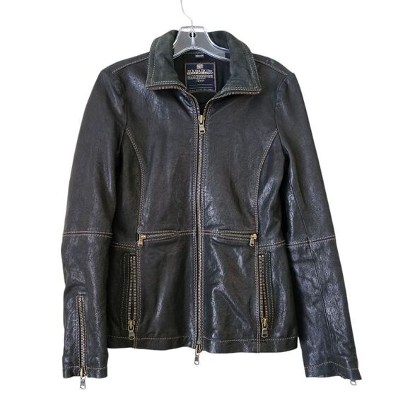 NAPAPIJIRI Womens Leather Jacket with Zipper Details Size S Black Western Biker - Picture 1 of 14